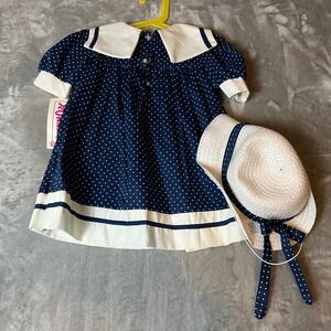 VTG Roanna Navy White Polka Dot Dress Hat Set Nautical Sailor Toddler Size 3T